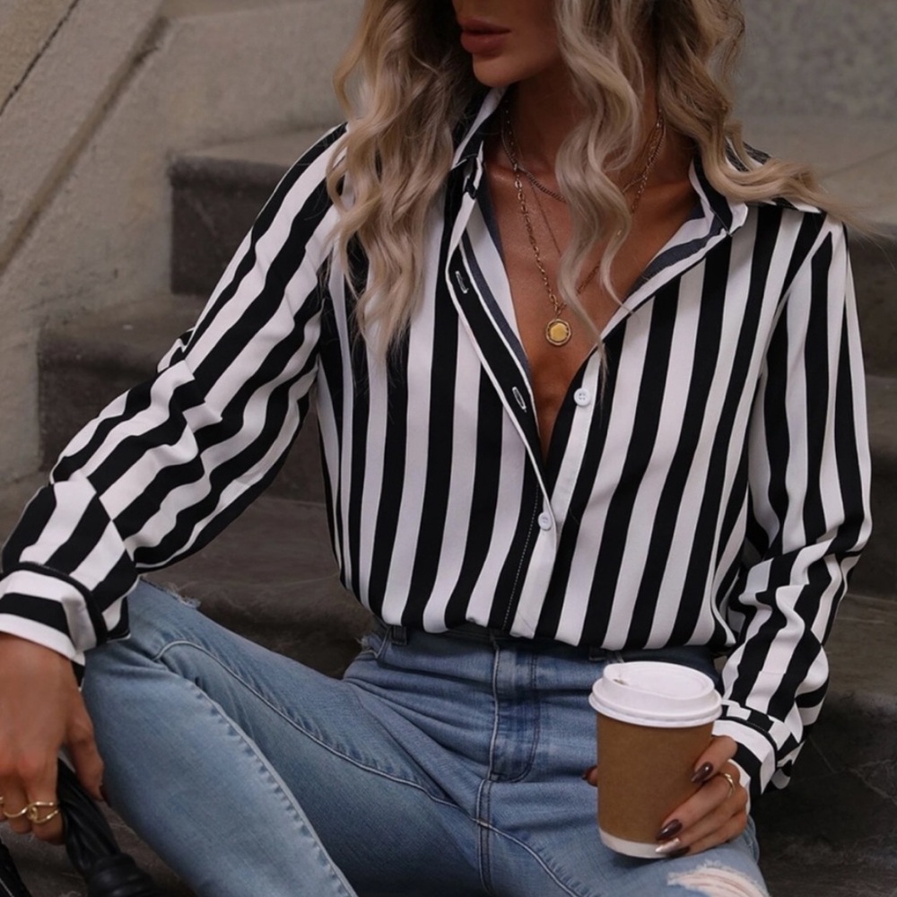 Classic Elegant Striped Button Down Shirt Top Blouse Black White